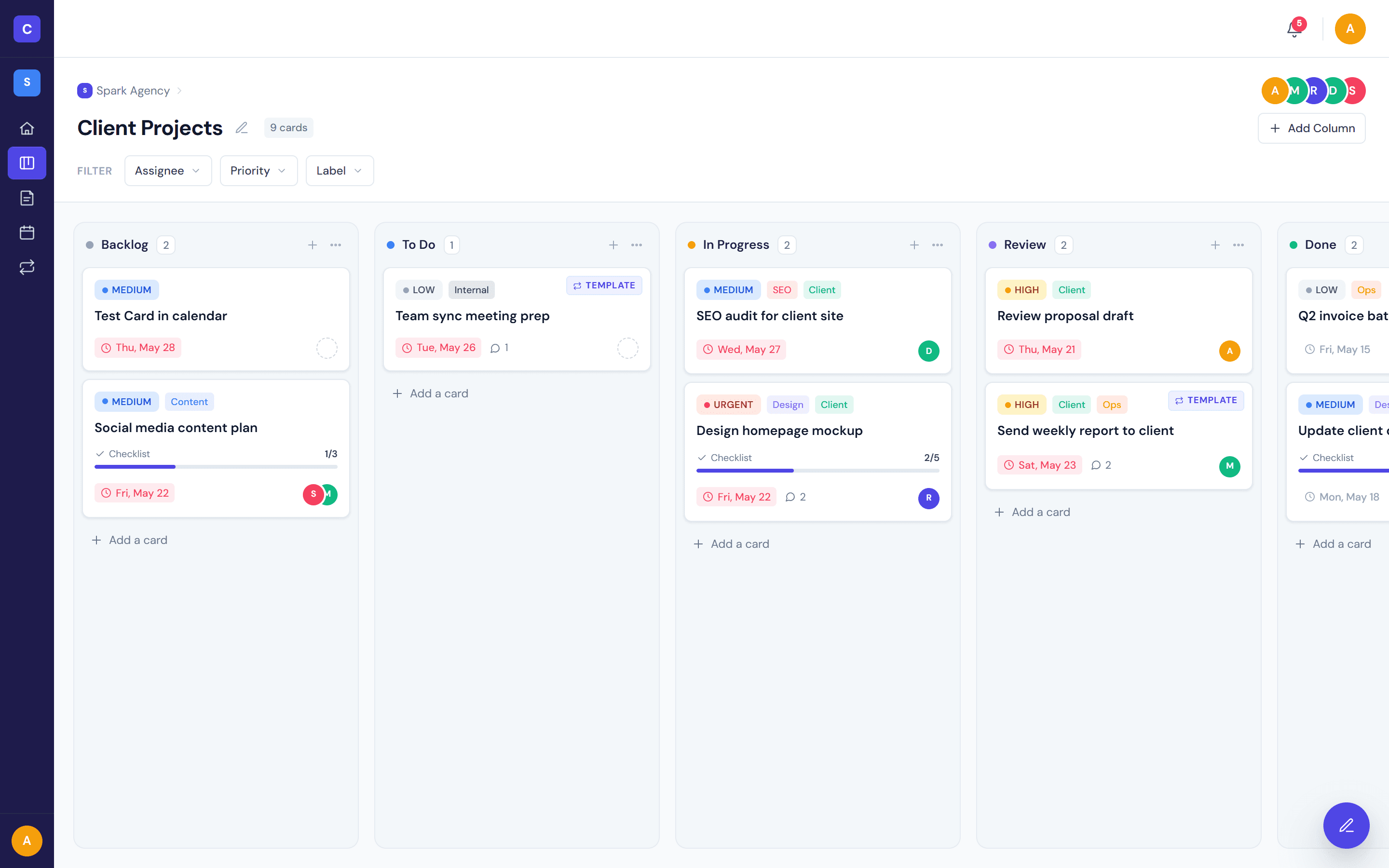 Kanban board with cards across To Do, In Progress, Review and Done columns