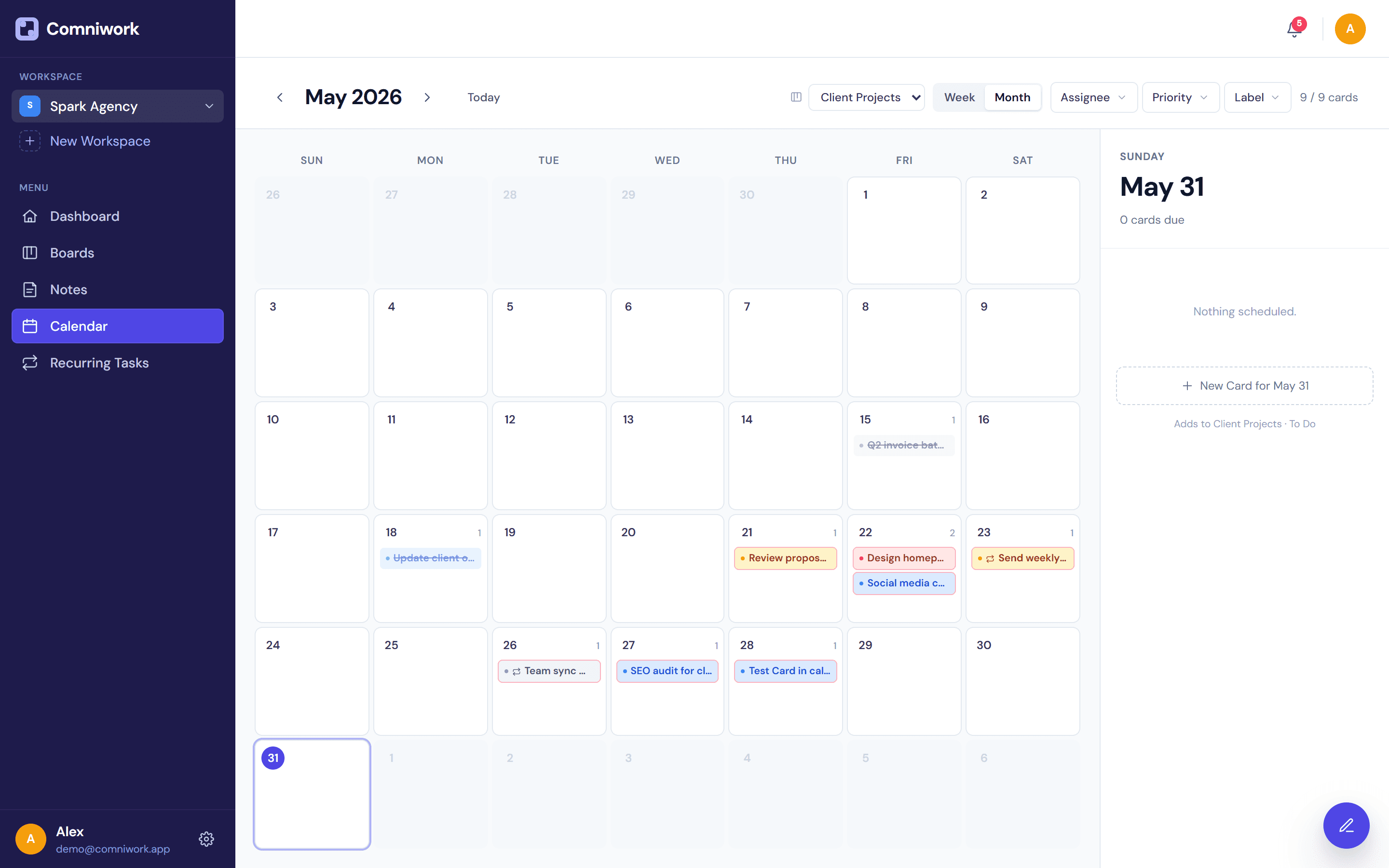 Calendar month view with task cards on due dates