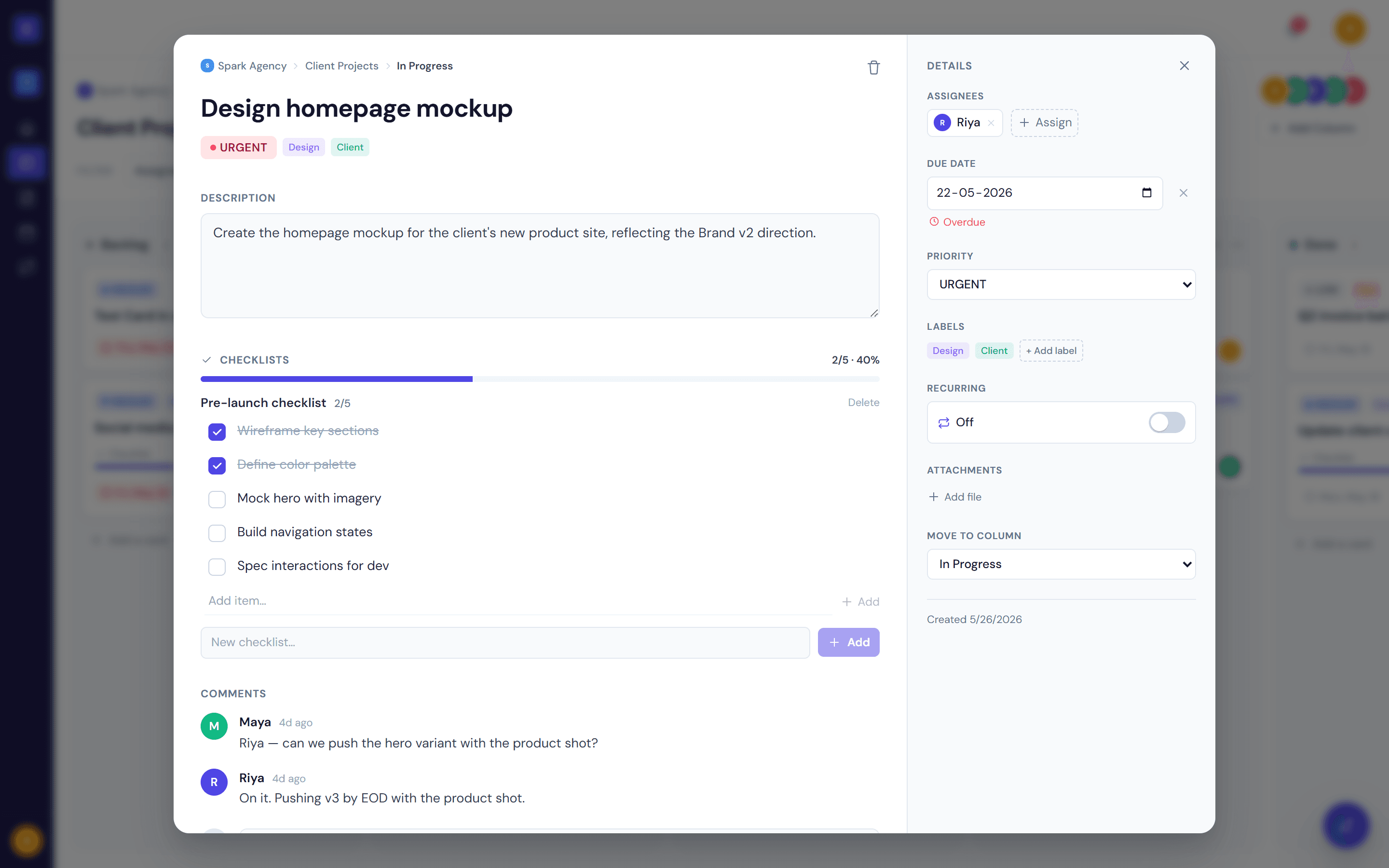 Card detail modal with checklist, assignees, comments and activity log