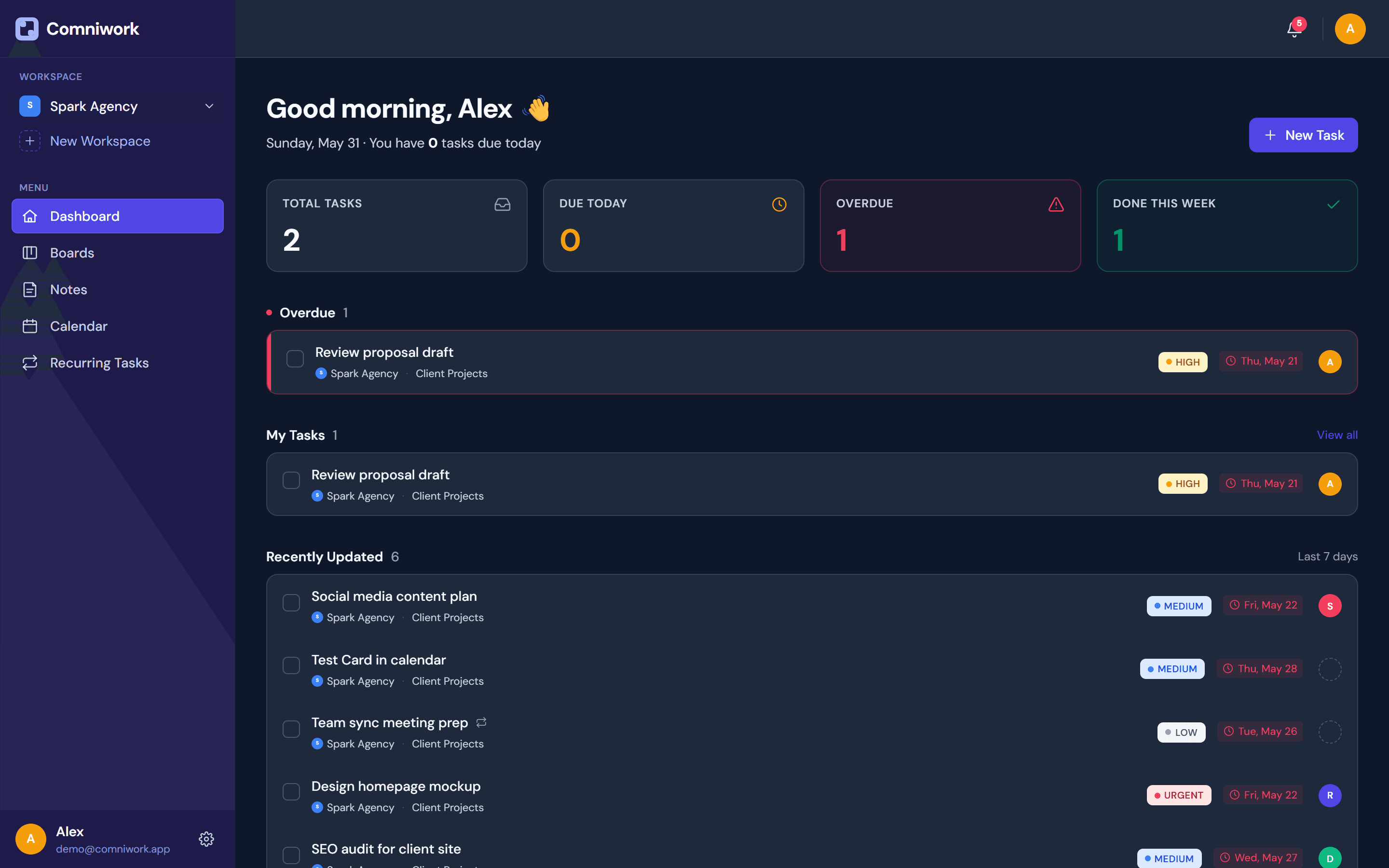 Comniwork dashboard in dark mode