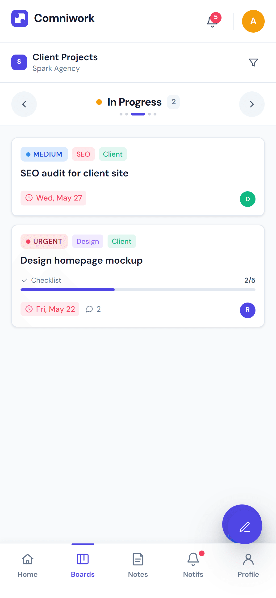 Comniwork kanban on mobile, single-column swipe layout