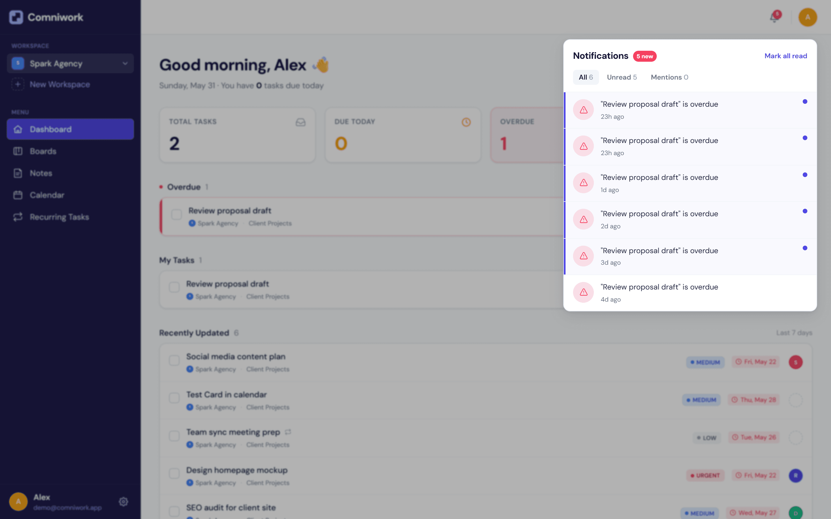 Notifications dropdown showing assigned, mentioned and due-soon items