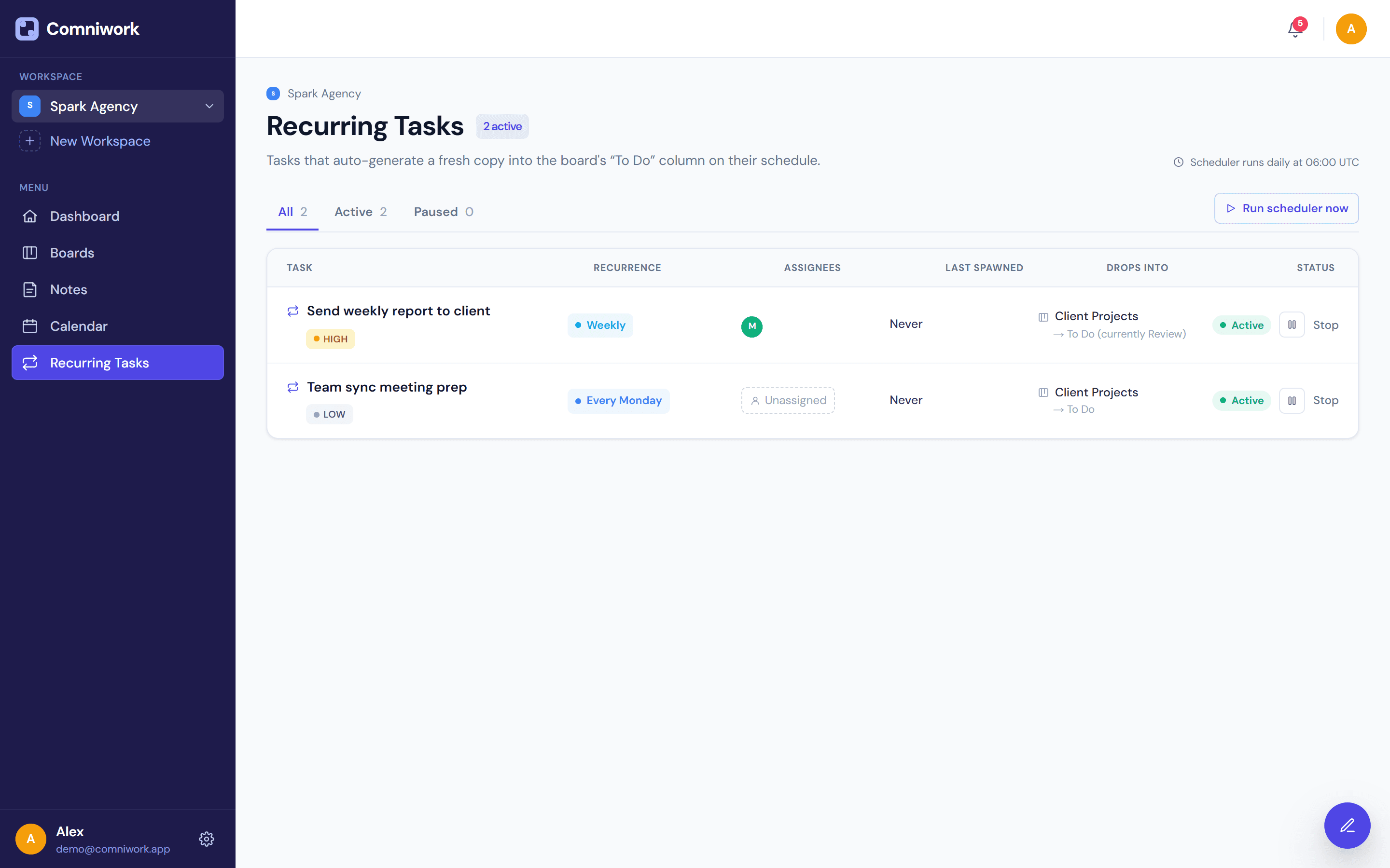 Recurring tasks management view showing active and paused templates